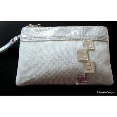 Wedding Party Clutch, Silver Fabric Purse, Sequins Purse With Silver Square Designs